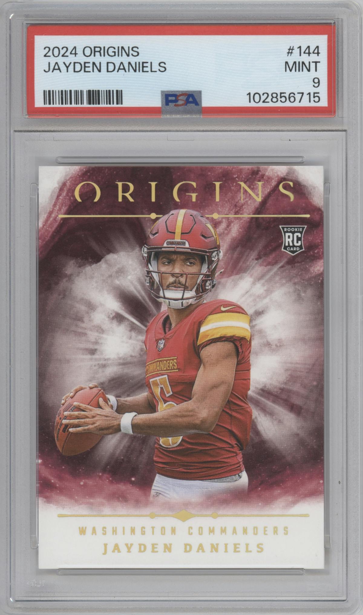 Jayden Daniels from the 2024 Panini Origins set graded by PSA and given an overall grade of 9.