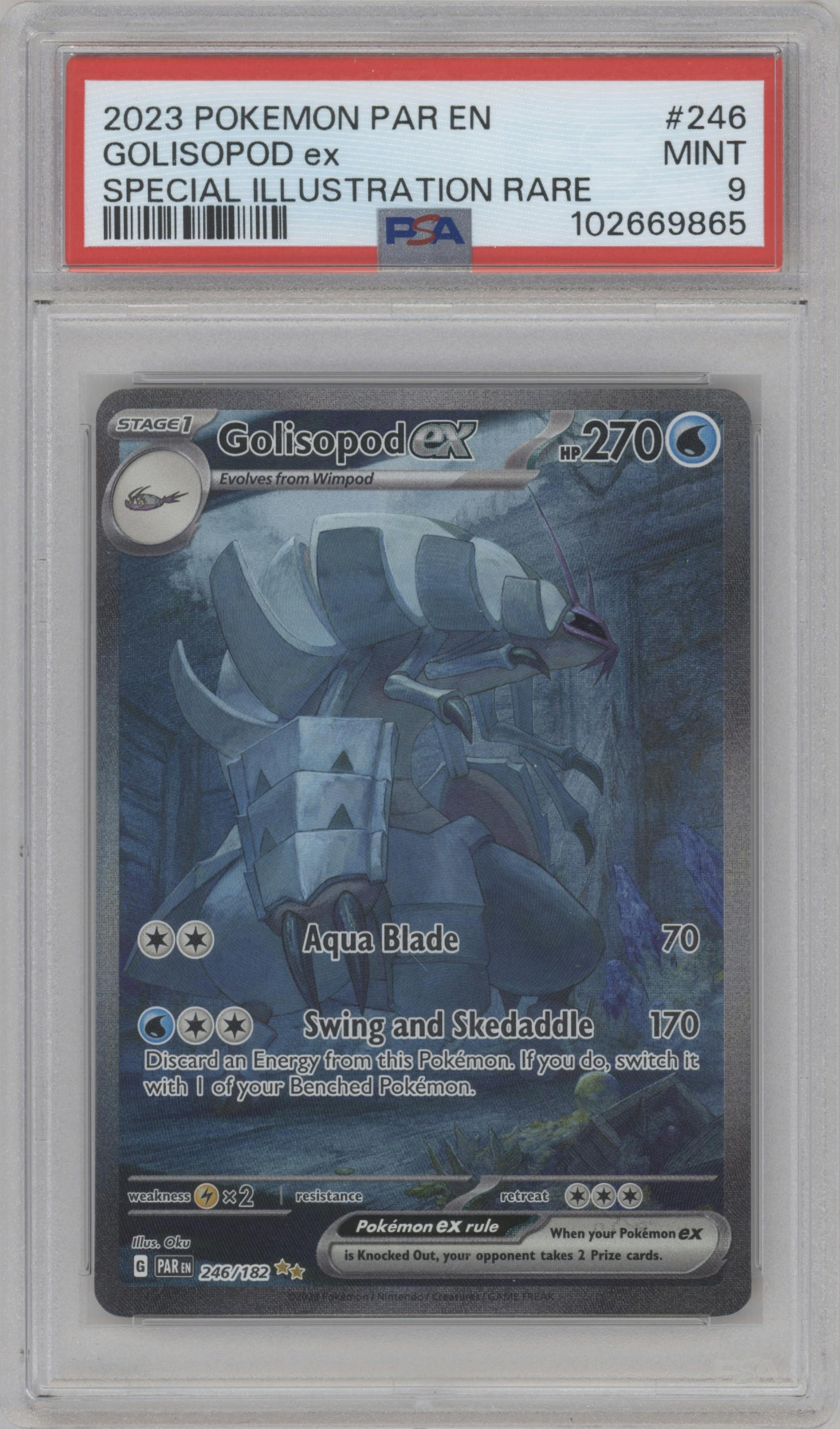 Golisopod ex from the 2023 Pokemon SV set graded by PSA and given an overall grade of 9.