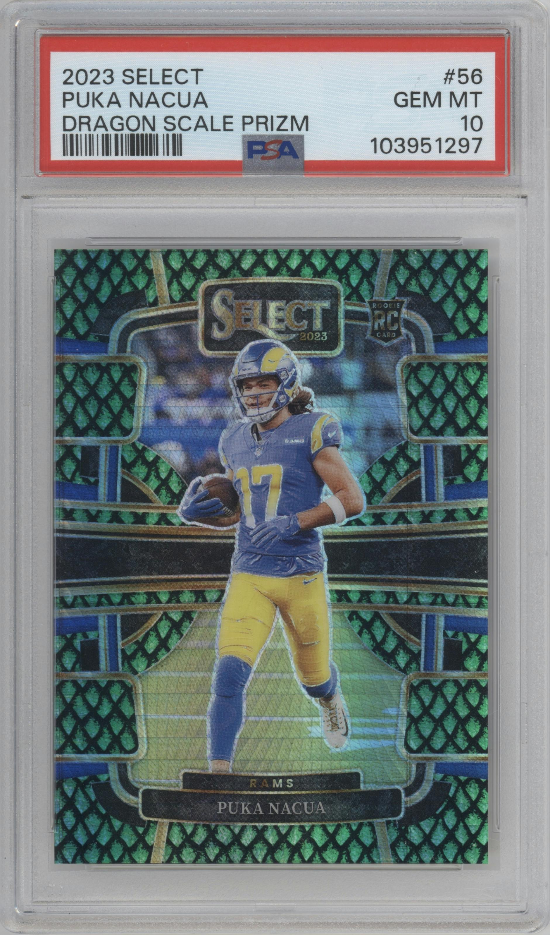 Puka Nacua from the 2023 Panini Select set featuring a Dragon Scale parallel graded by PSA and given an overall grade of 10.