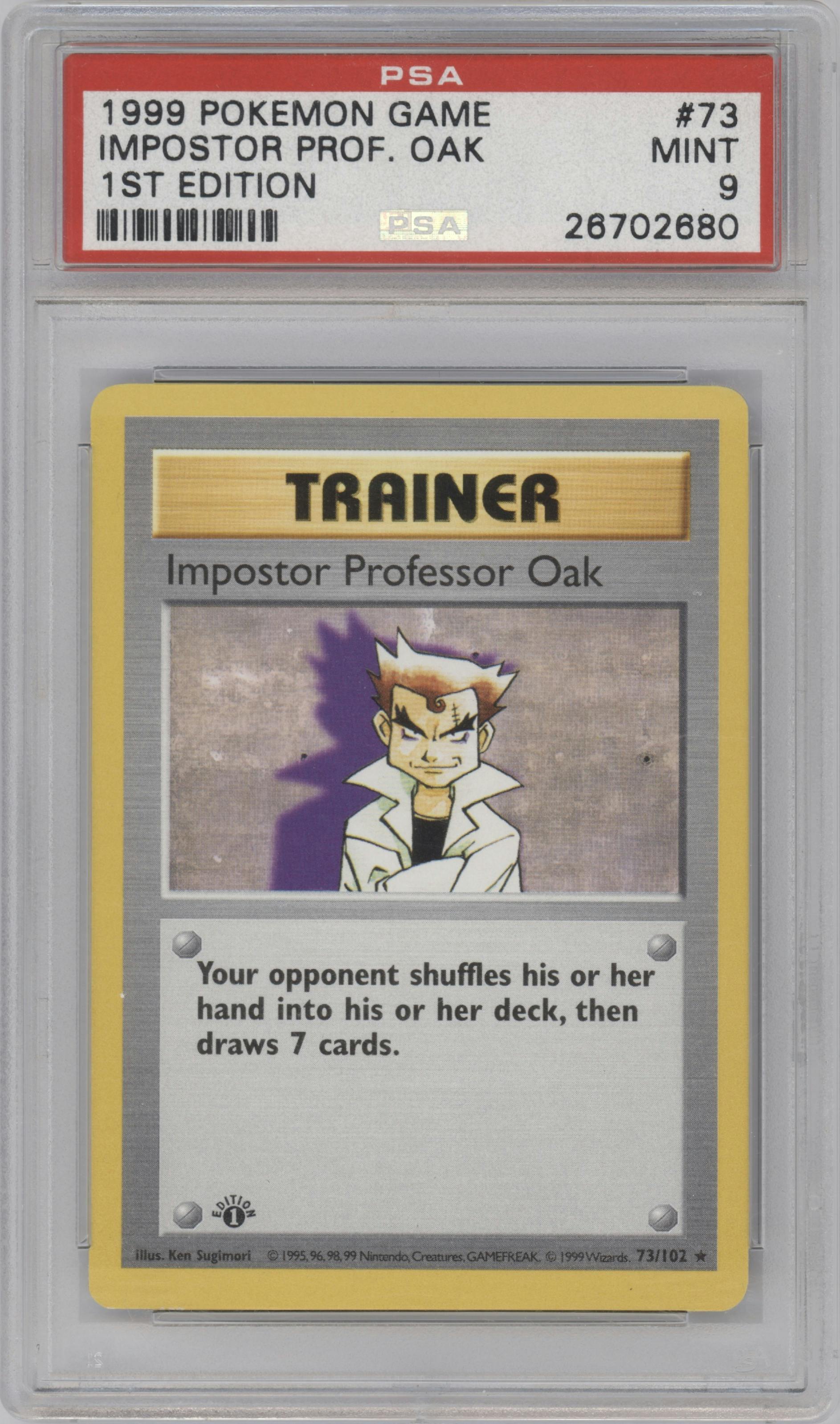Impostor Professor Oak from the 1999 Pokemon set graded by PSA and given an overall grade of 9.