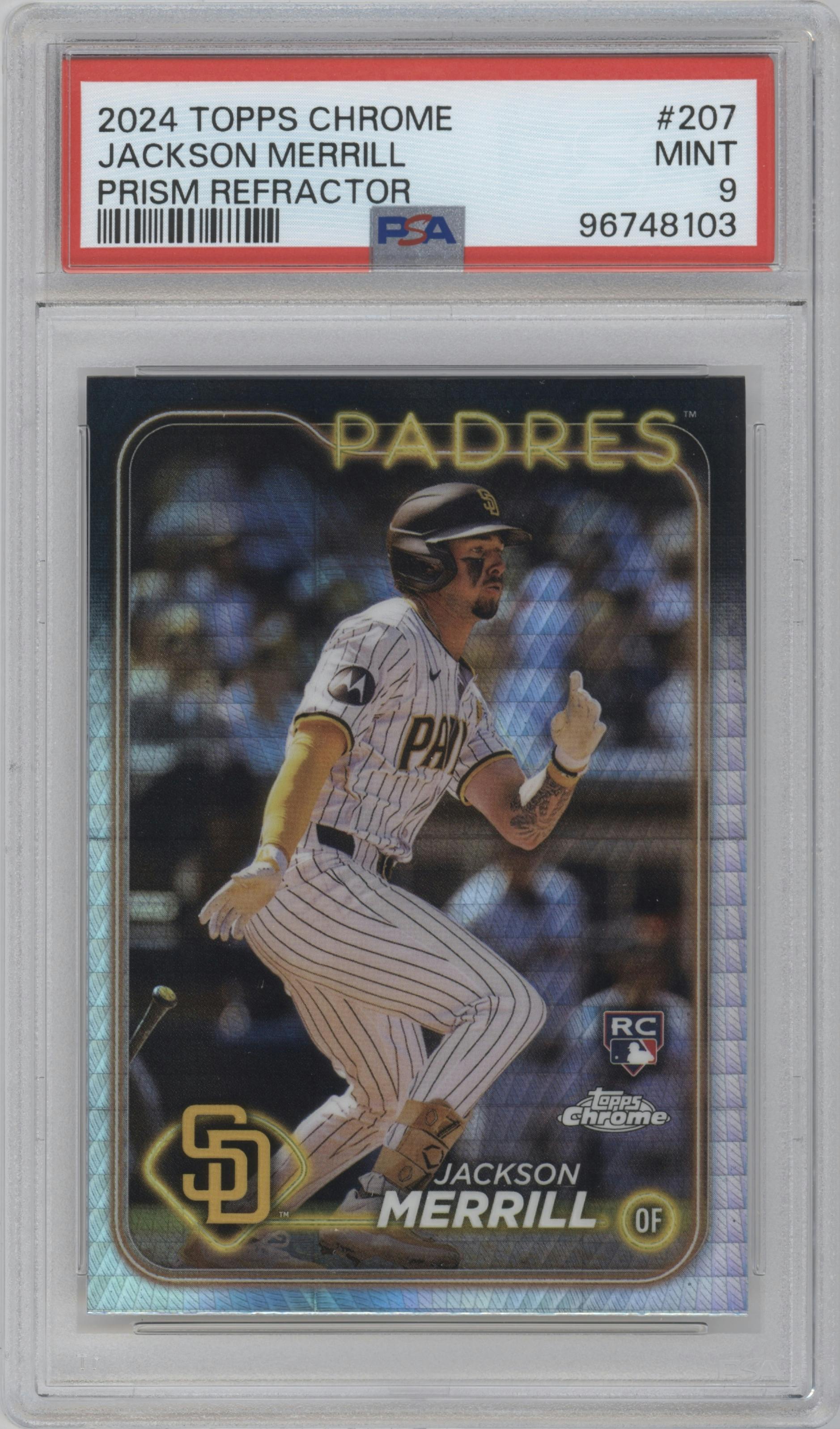 Jackson Merrill from the 2024 Topps Chrome set featuring a Prism Refractor parallel graded by PSA and given an overall grade of 9.