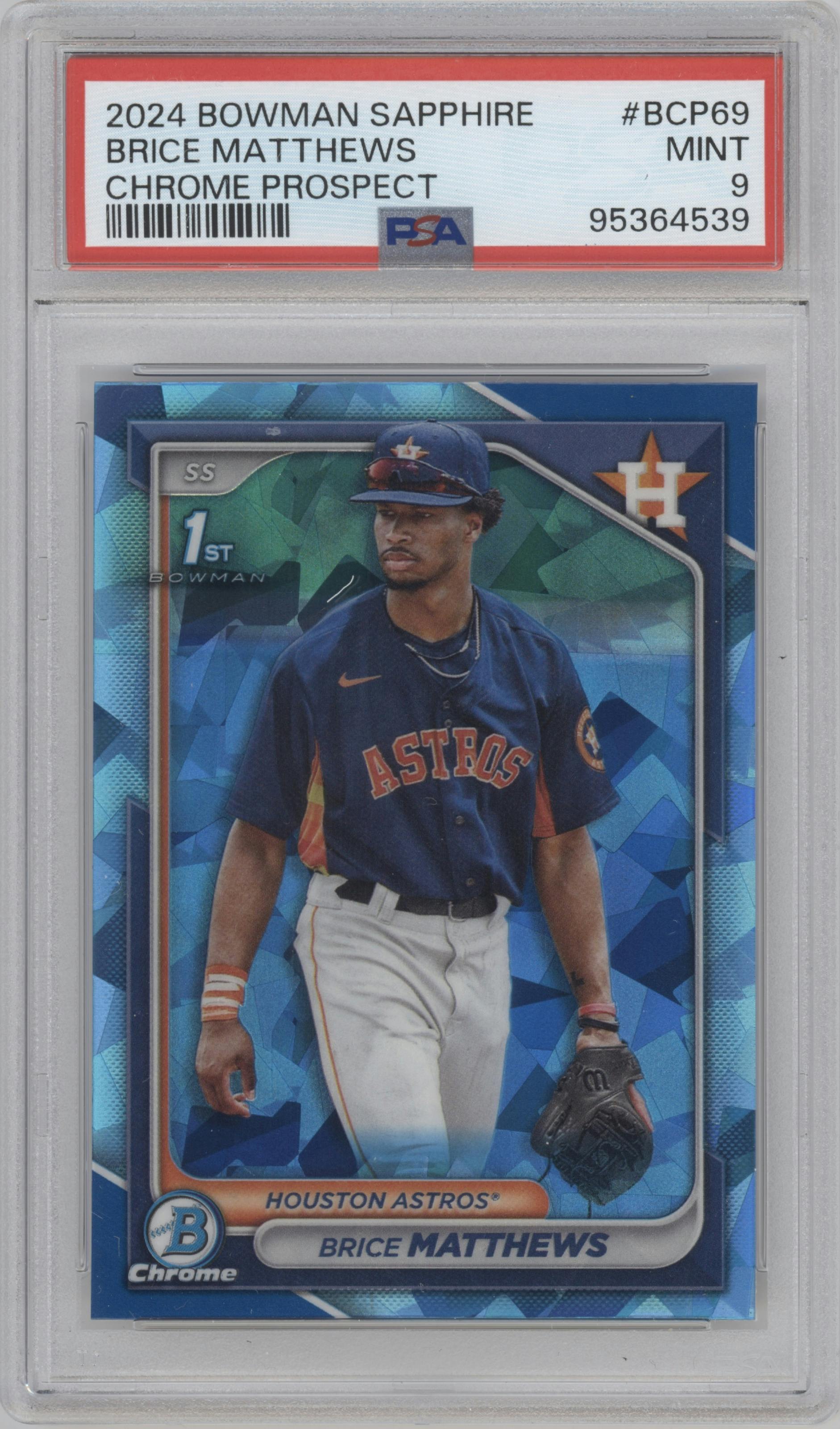 Brice Matthews from the 2024 Bowman Sapphire Edition set graded by PSA and given an overall grade of 9.
