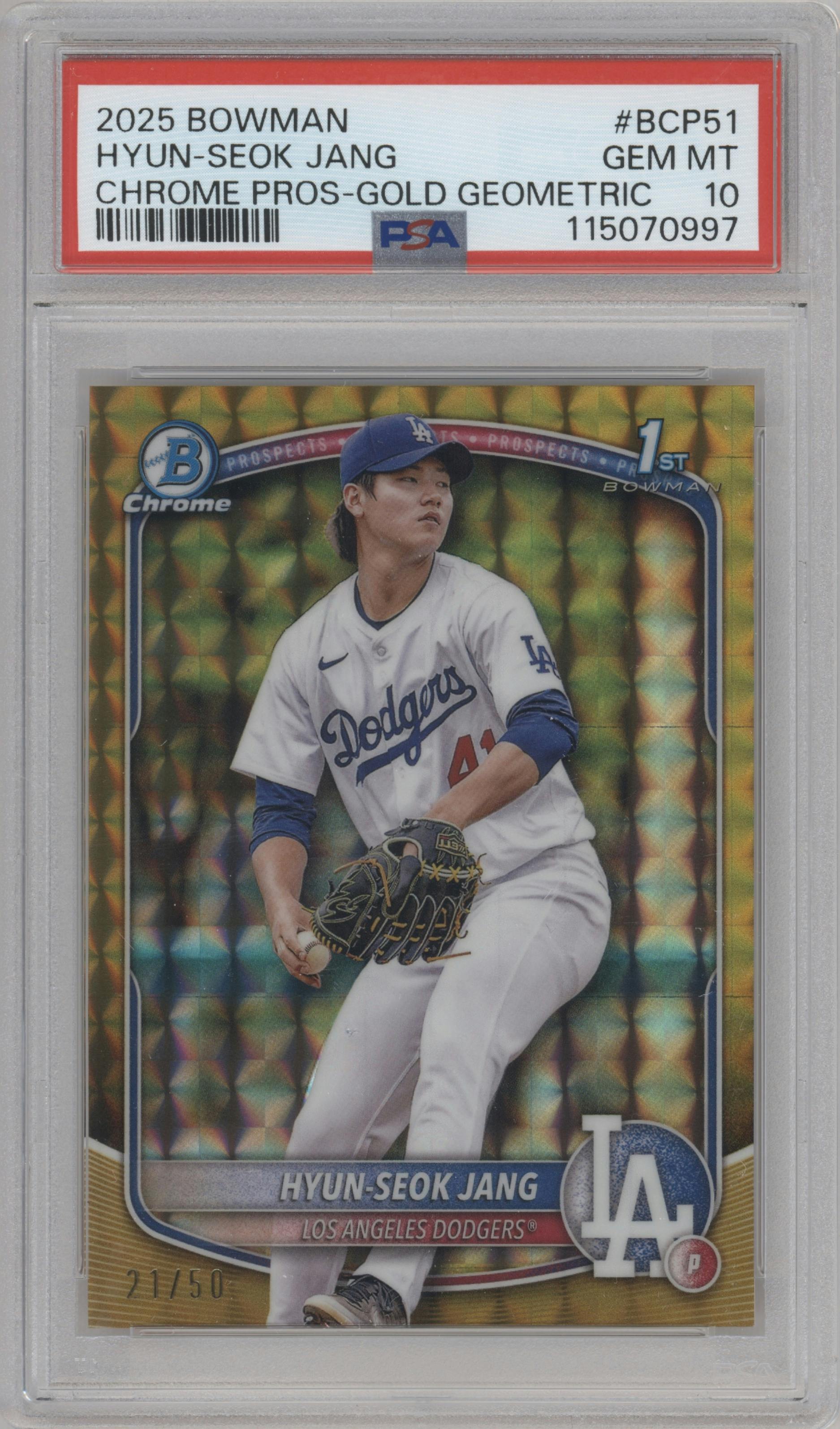Hyun-Seok Jang  from the 2025 Bowman set featuring a Gold Geometric Refractor parallel graded by PSA and given an overall grade of 10.