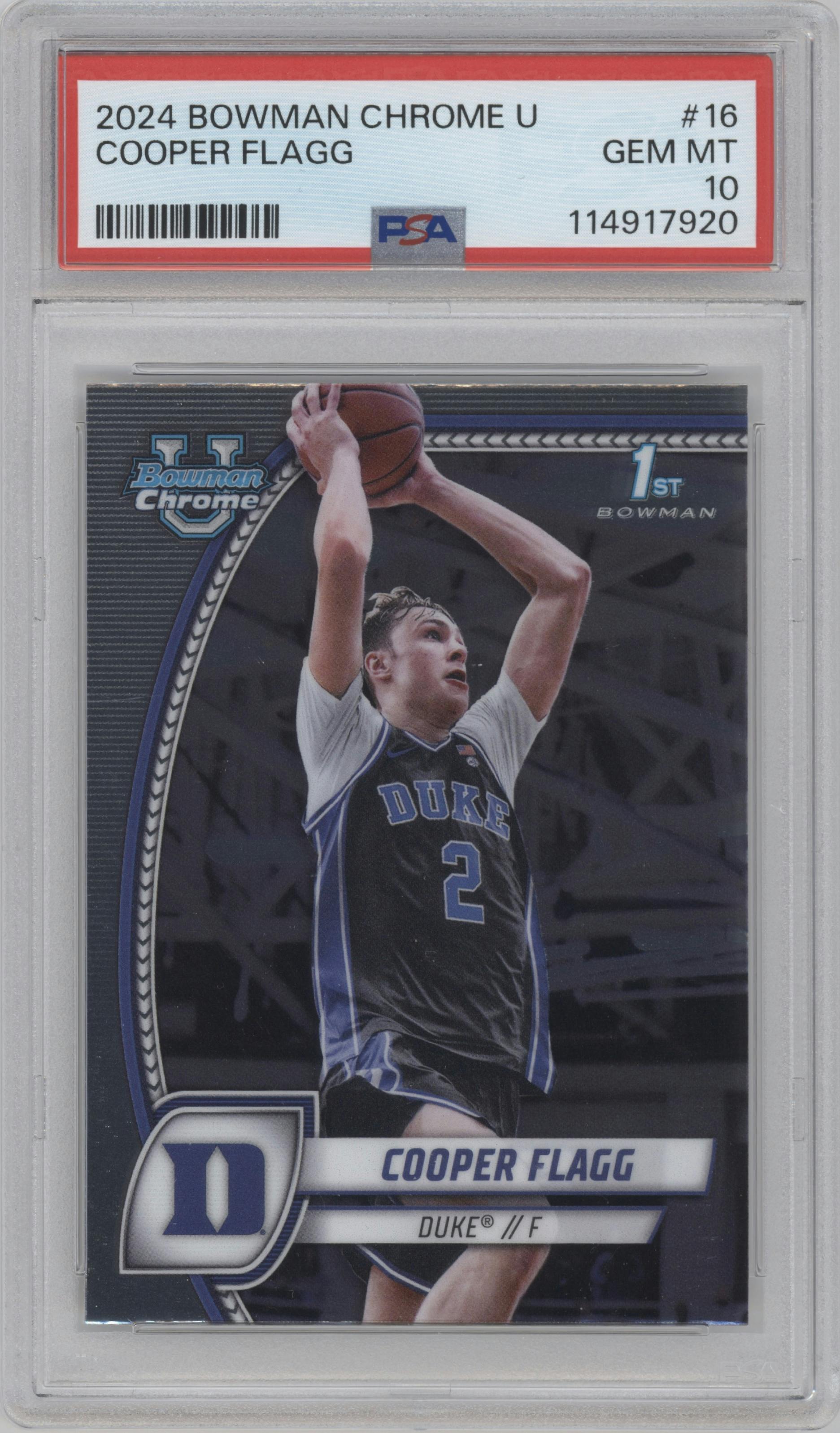 Cooper Flagg from the 2024-25 Bowman University Chrome set graded by PSA and given an overall grade of 10.