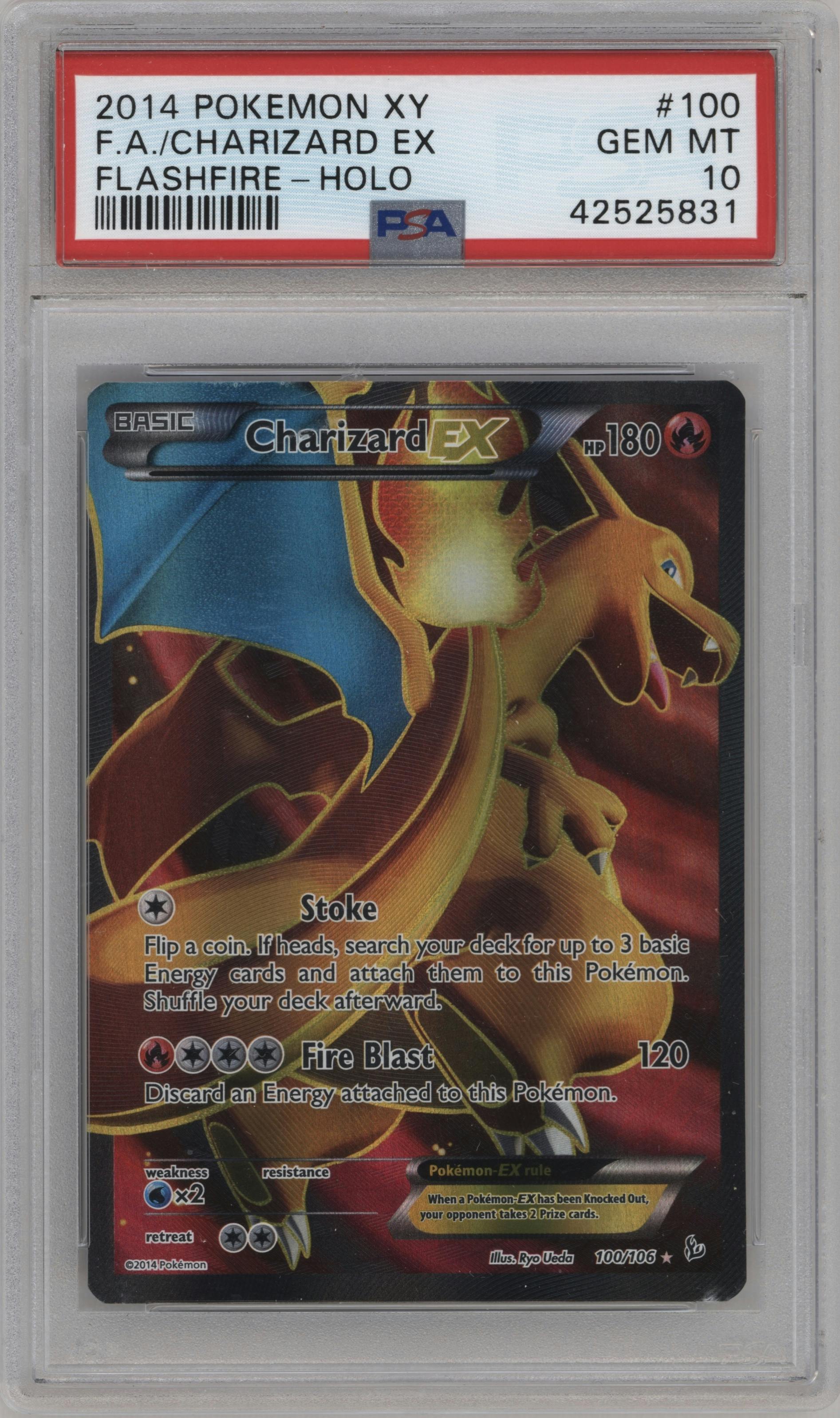 Charizard EX from the 2014 Pokemon XY set graded by PSA and given an overall grade of 10.
