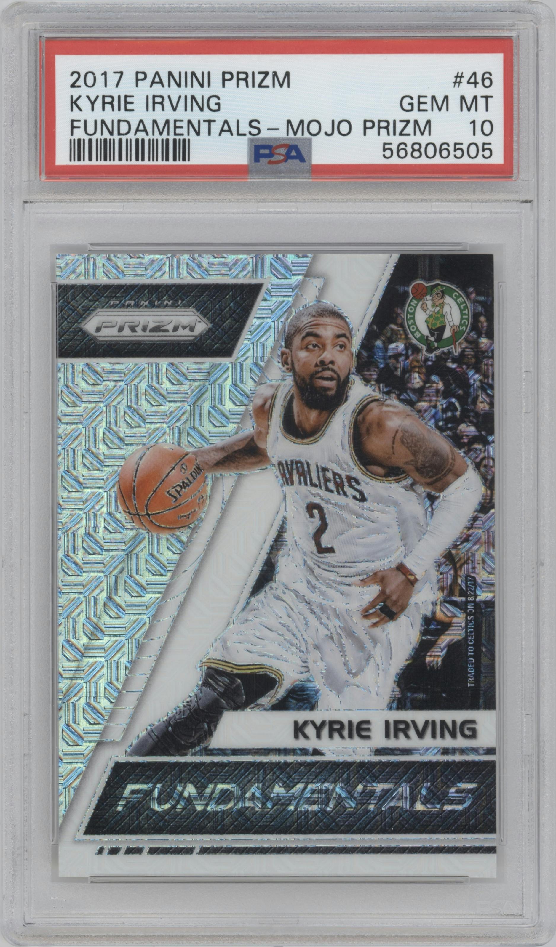 Kyrie Irving from the 2017-18 Panini Prizm  set featuring a Mojo Prizm parallel graded by PSA and given an overall grade of 10.
