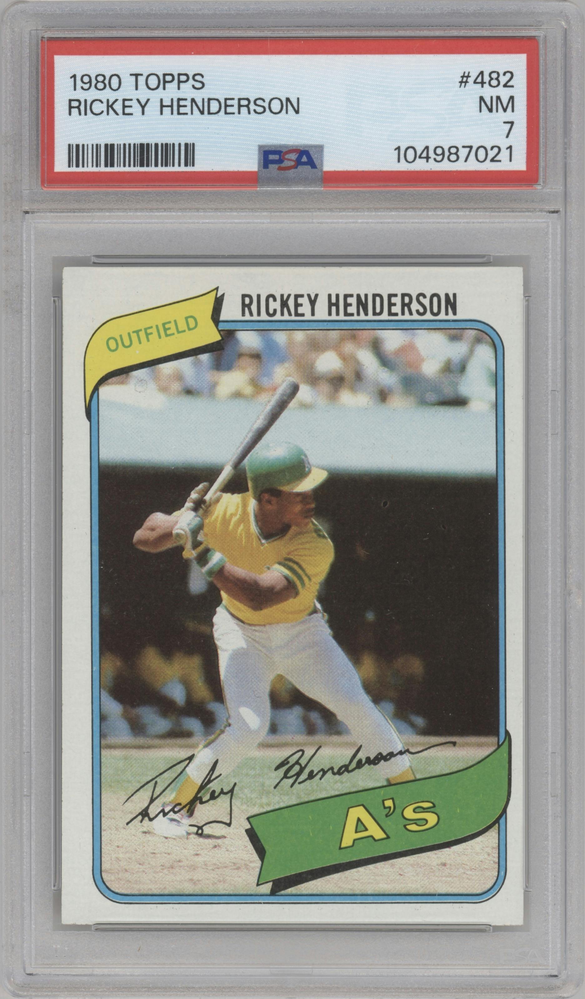 Rickey Henderson from the 1980 Topps set graded by PSA and given an overall grade of 7.