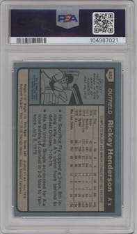 Rickey Henderson from the 1980 Topps set graded by PSA and given an overall grade of 7.