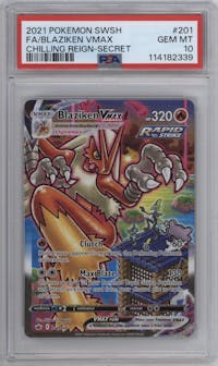 Blaziken VMAX from the 2021 Pokemon SWSH set graded by PSA and given an overall grade of 10.