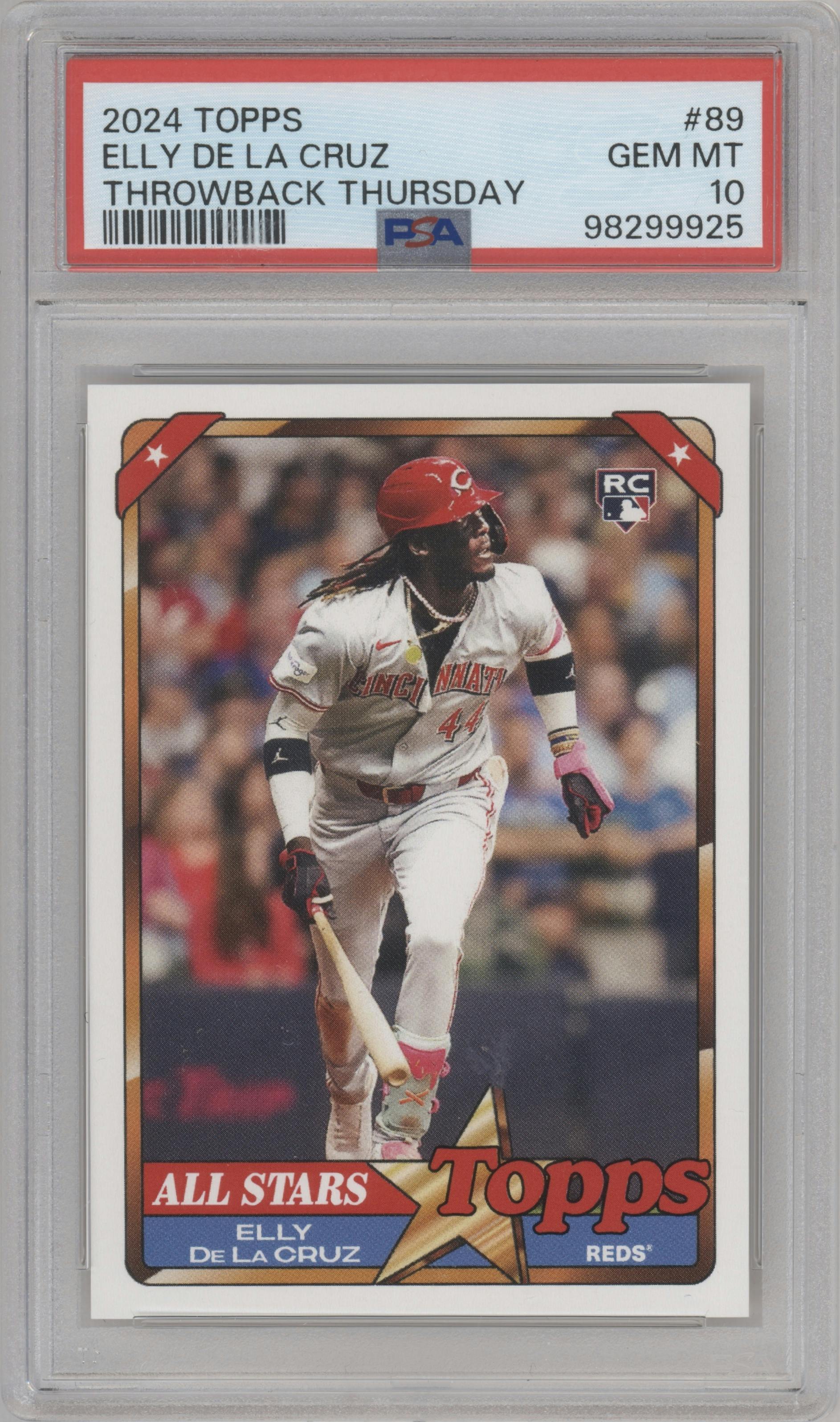 Elly De La Cruz from the 2024 Topps Throwback Thursday set graded by PSA and given an overall grade of 10.