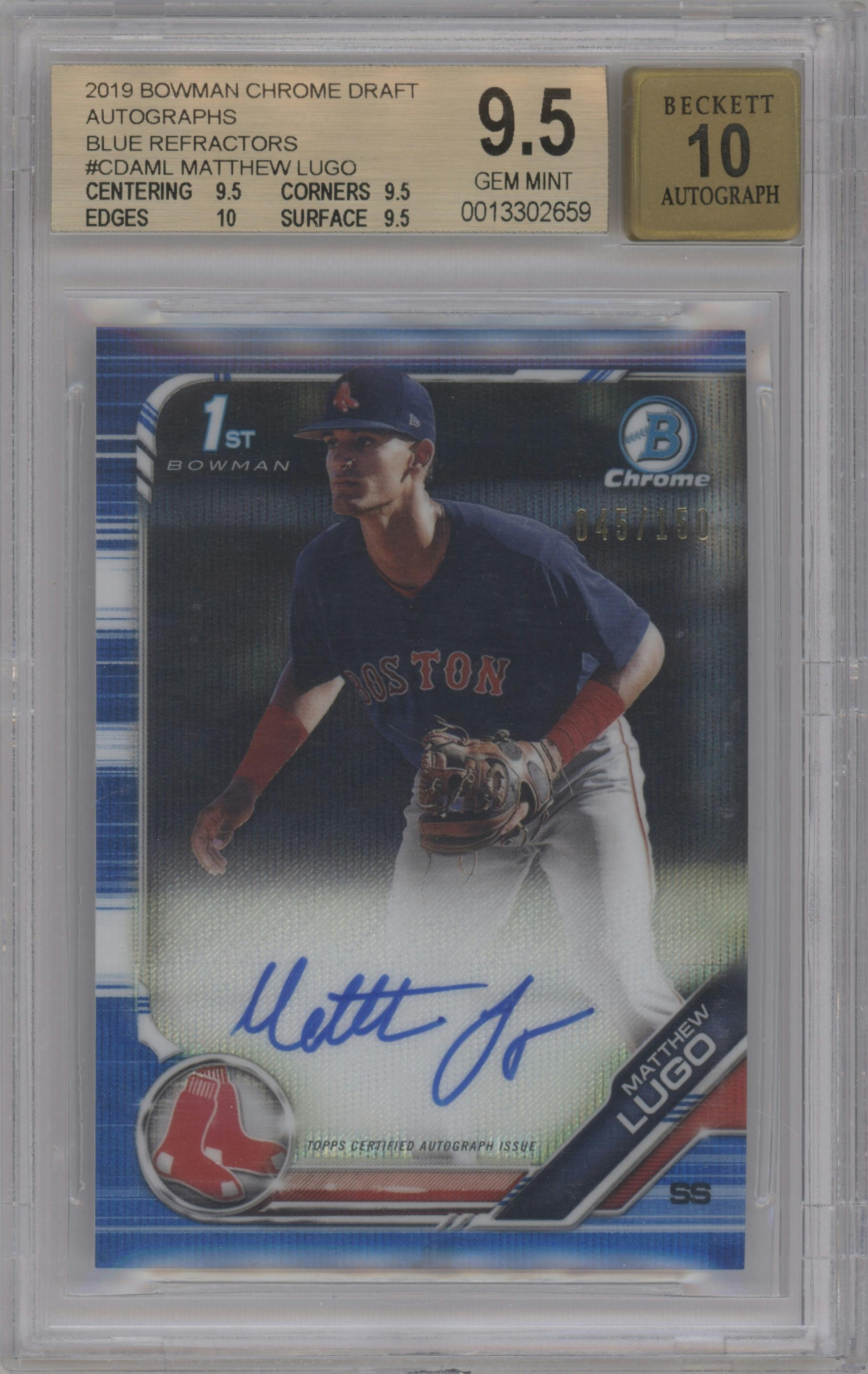 Matthew Lugo from the 2019 Bowman Draft set featuring a Blue Wave Refractor parallel graded by Beckett and given an overall grade of 9.5.