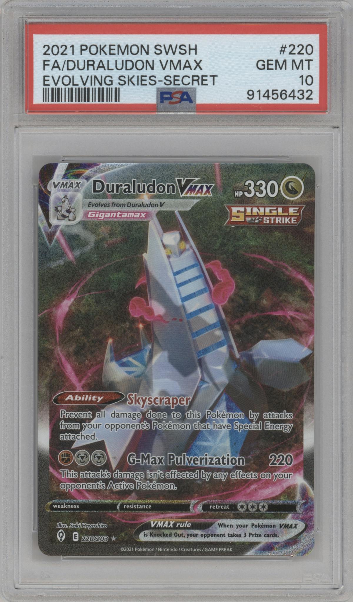 Duraludon VMAX from the 2021 Pokemon SWSH set graded by PSA and given an overall grade of 10.