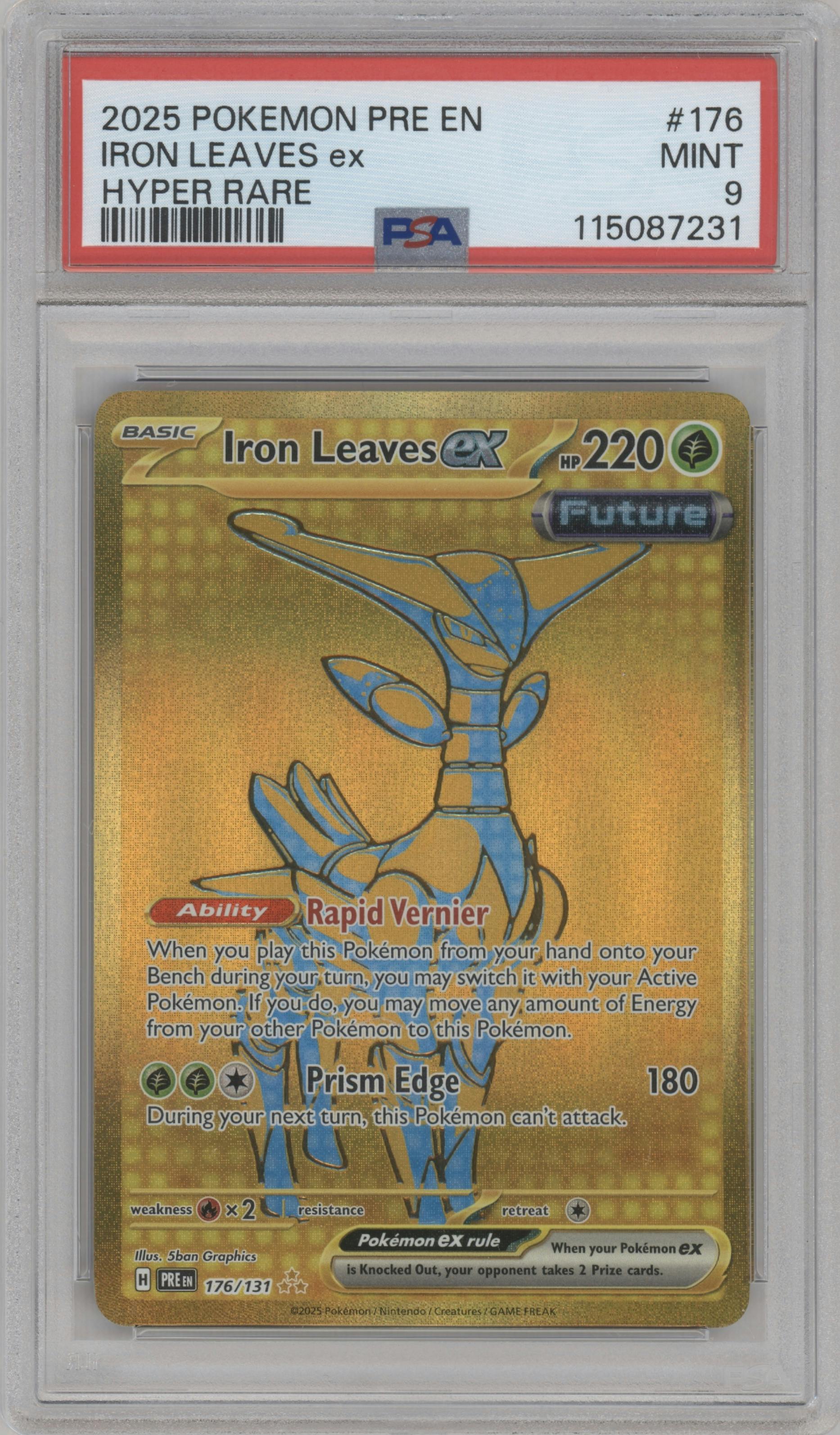 Iron Leaves ex from the 2025 Pokemon SV set graded by PSA and given an overall grade of 9.