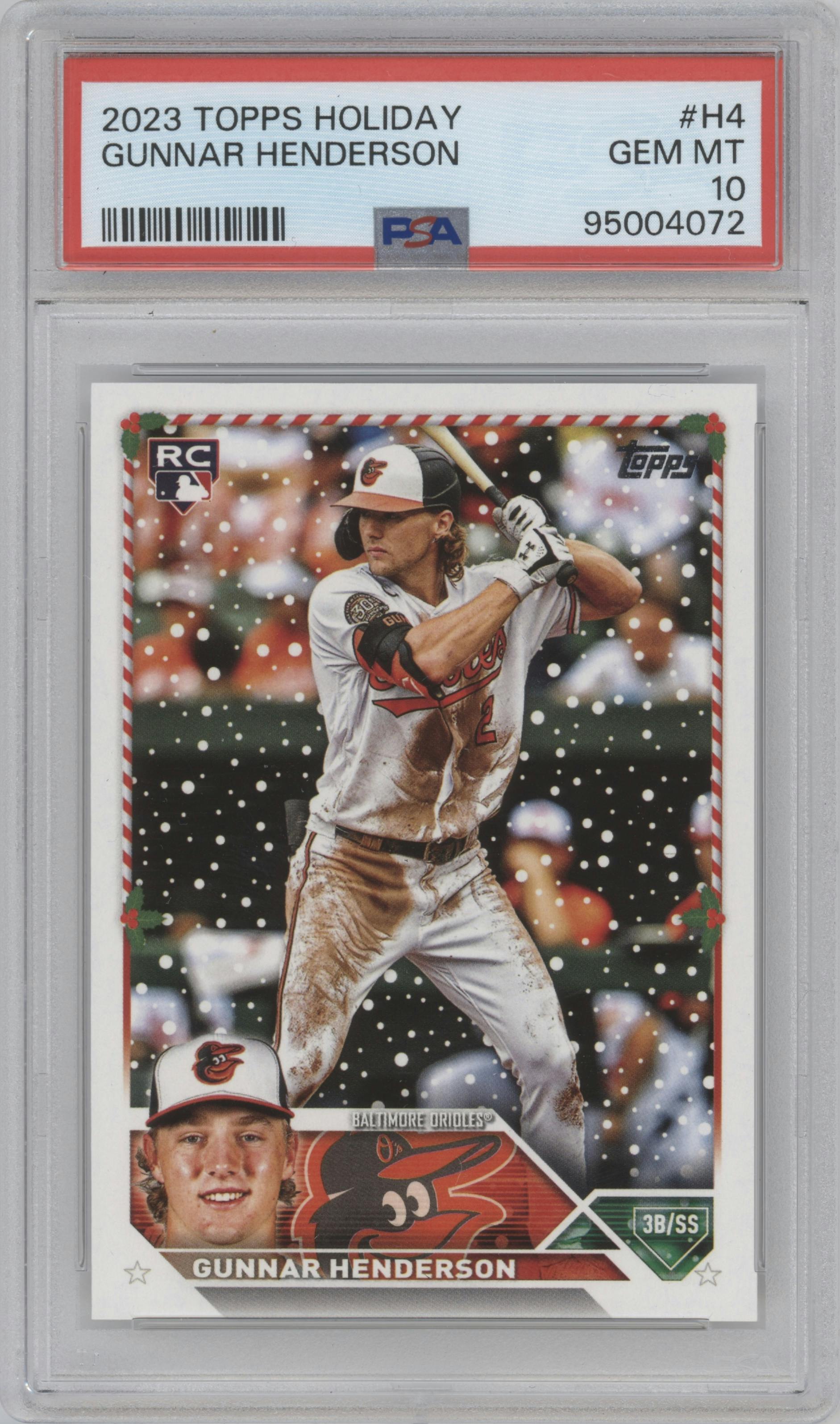 Gunnar Henderson from the 2023 Topps Holiday set graded by PSA and given an overall grade of 10.