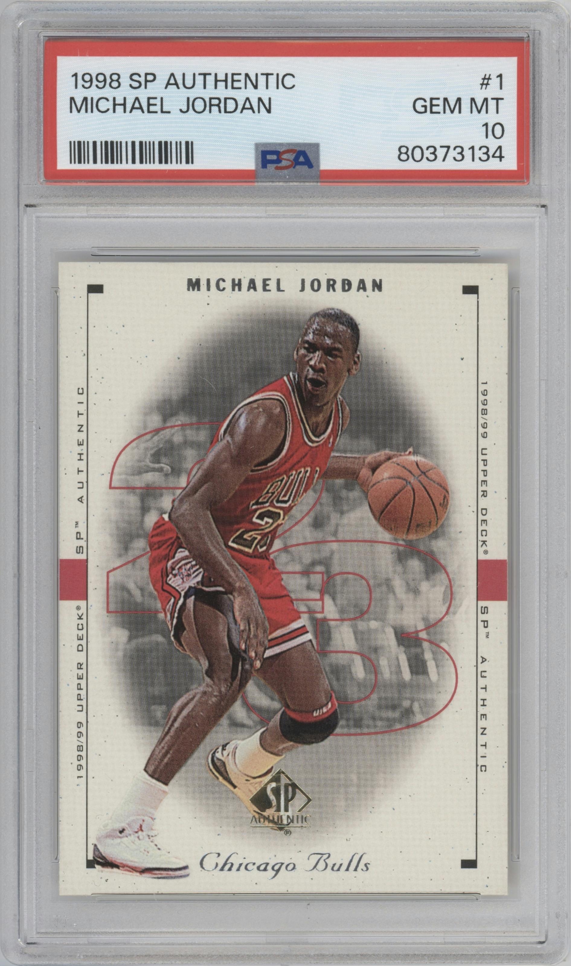 Michael Jordan from the 1998-99 SP Authentic set graded by PSA and given an overall grade of 10.