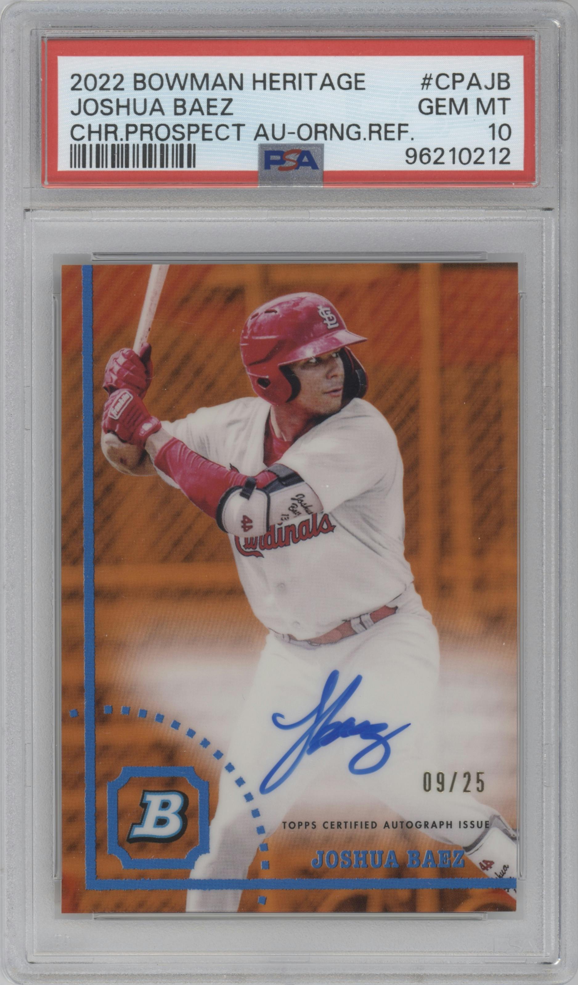 Joshua Baez from the 2022 Bowman Heritage set featuring a Orange parallel graded by PSA and given an overall grade of 10.