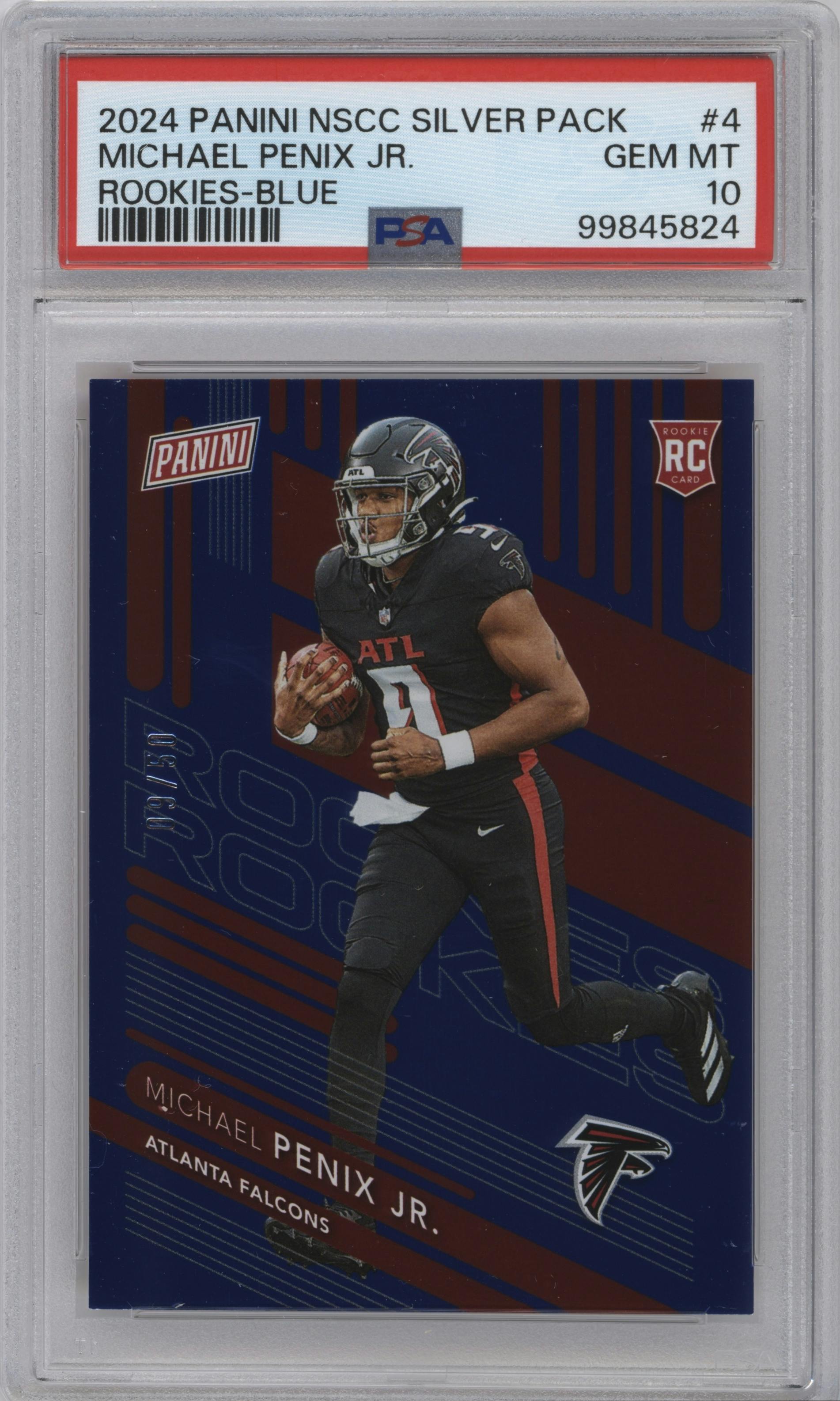 Michael Penix Jr. from the 2024 Panini The National VIP set featuring a Blue parallel graded by PSA and given an overall grade of 10.