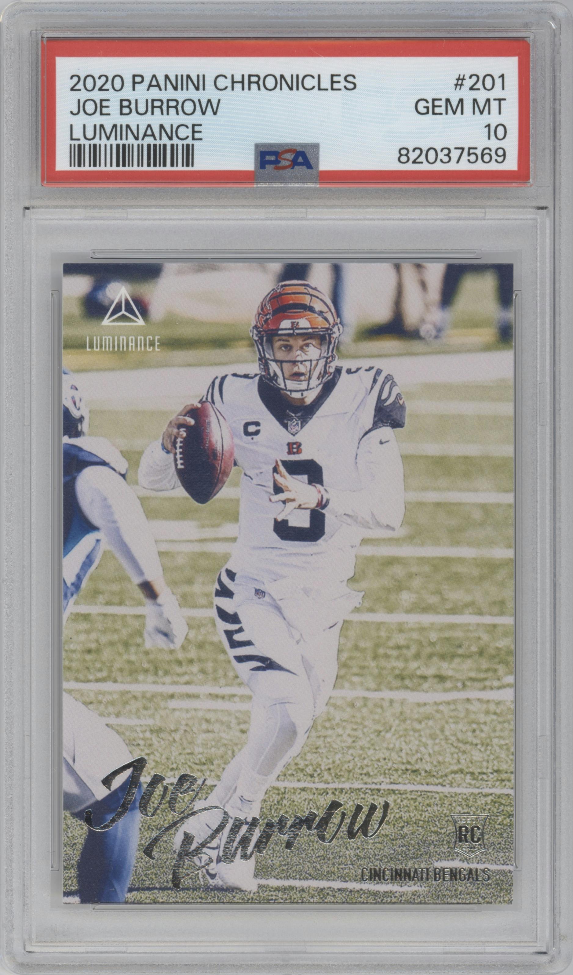 Joe Burrow from the 2020 Panini Chronicles set graded by PSA and given an overall grade of 10.