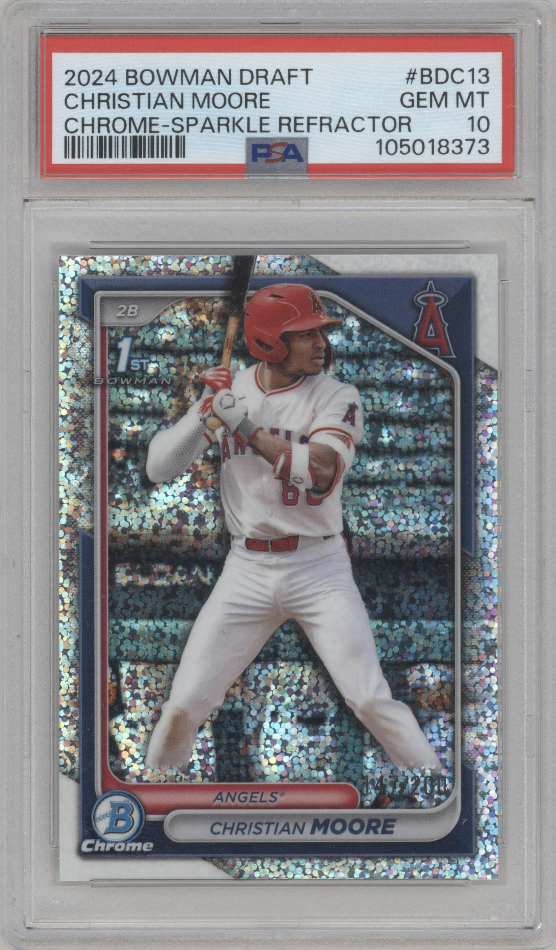 Christian Moore from the 2024 Bowman Draft set featuring a Sparkle Refractor parallel graded by PSA and given an overall grade of 10.