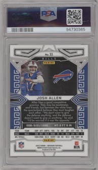 Josh Allen from the 2023 Panini Obsidian set featuring a Electric Etch Contra parallel graded by PSA and given an overall grade of 10.
