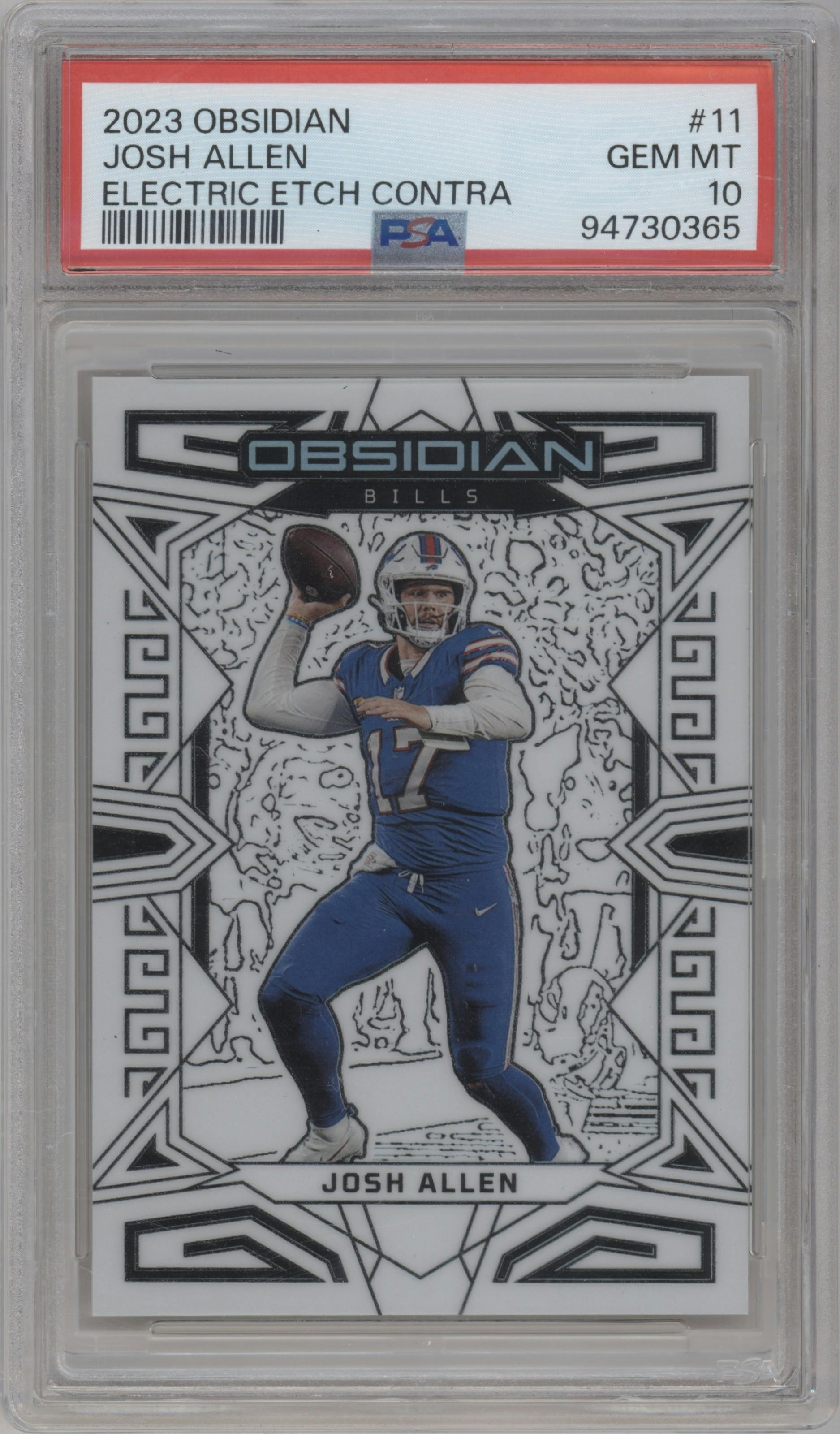 Josh Allen from the 2023 Panini Obsidian set featuring a Electric Etch Contra parallel graded by PSA and given an overall grade of 10.
