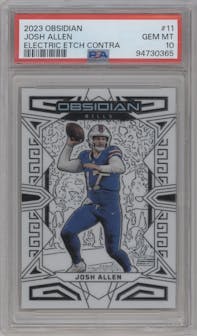 Josh Allen from the 2023 Panini Obsidian set featuring a Electric Etch Contra parallel graded by PSA and given an overall grade of 10.