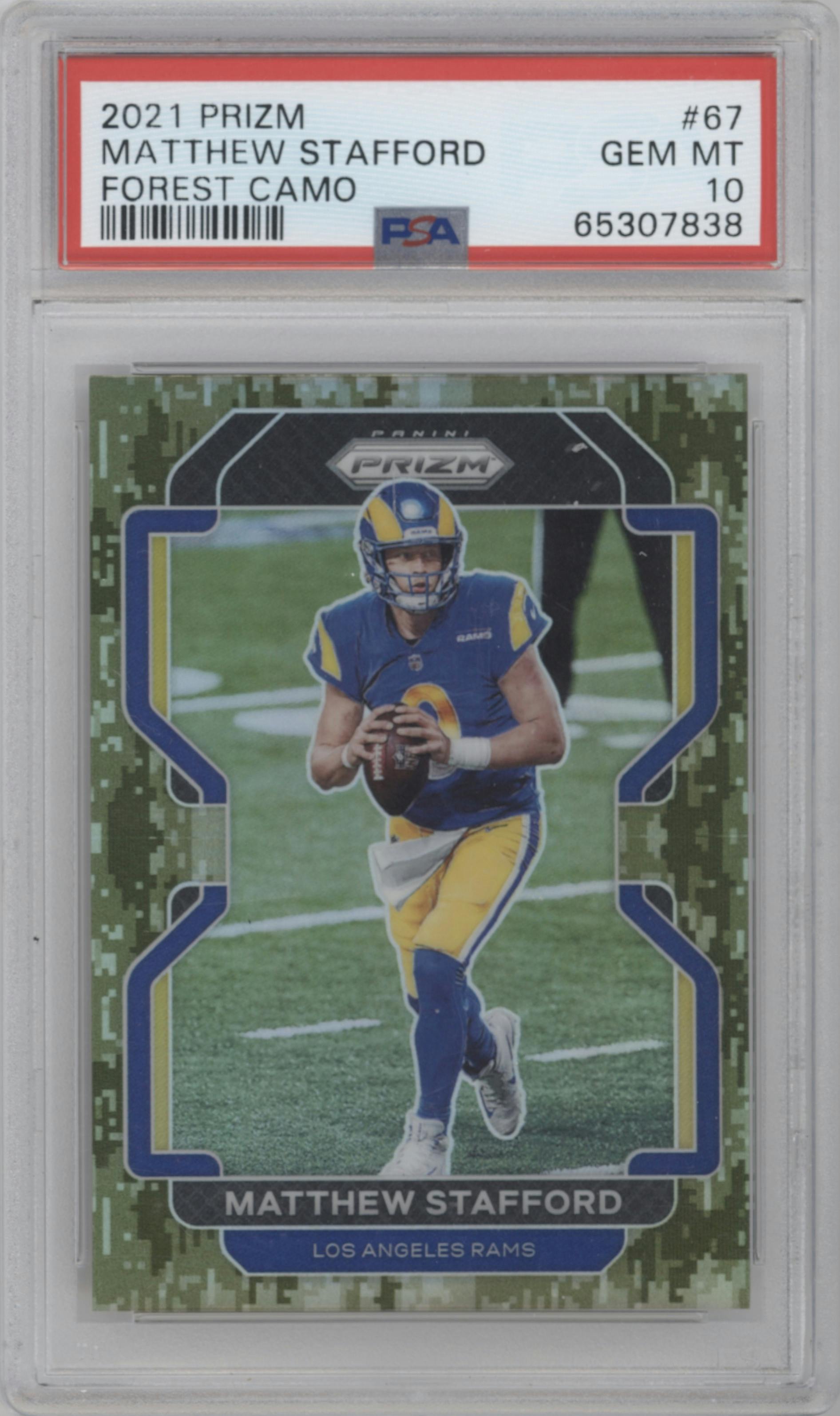 Matthew Stafford from the 2021 Panini Prizm set featuring a Forest Camo parallel graded by PSA and given an overall grade of 10.