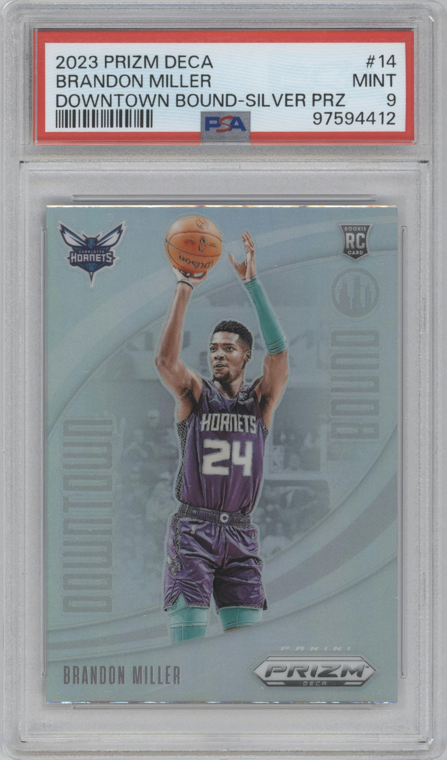 Brandon Miller from the 2023-24 Panini Prizm Deca set featuring a Silver Prizm parallel graded by PSA and given an overall grade of 9.