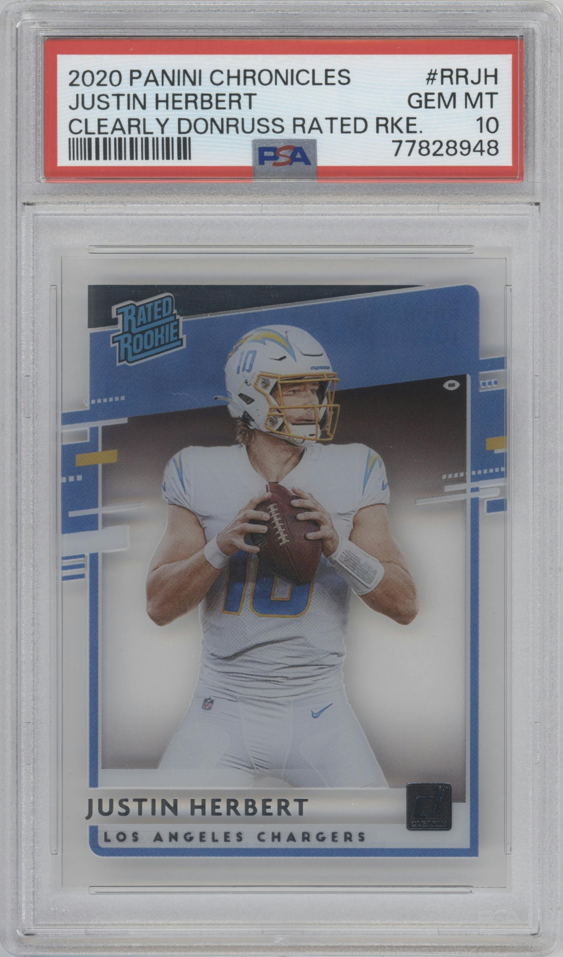 Justin Herbert from the 2020 Panini Chronicles set graded by PSA and given an overall grade of 10.