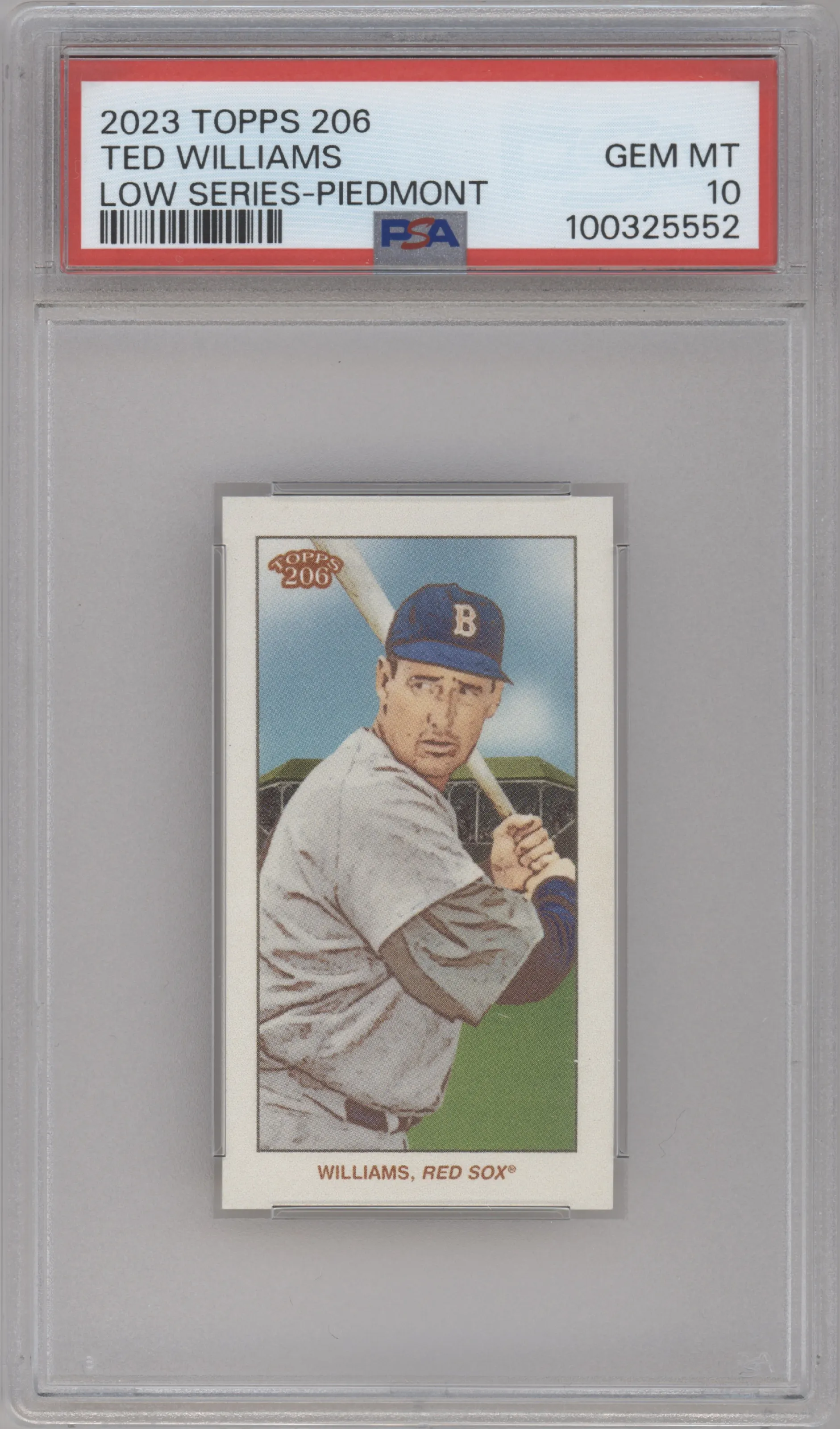 Ted Williams from the 2023 Topps 206 set featuring a Piedmont Back parallel graded by PSA and given an overall grade of 10.