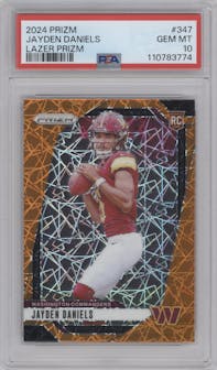 Jayden Daniels from the 2024 Panini Prizm set featuring a Lazer Prizm parallel graded by PSA and given an overall grade of 10.