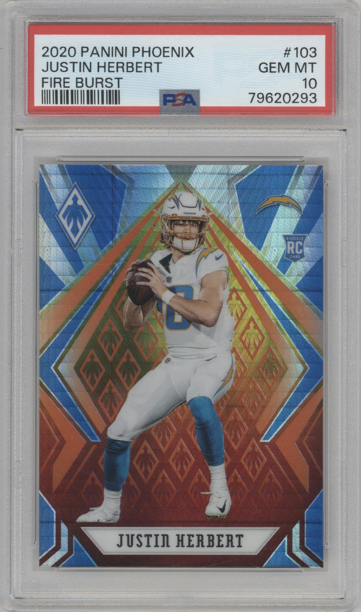 Justin Herbert from the 2020 Panini Phoenix set featuring a Fire Burst parallel graded by PSA and given an overall grade of 10.