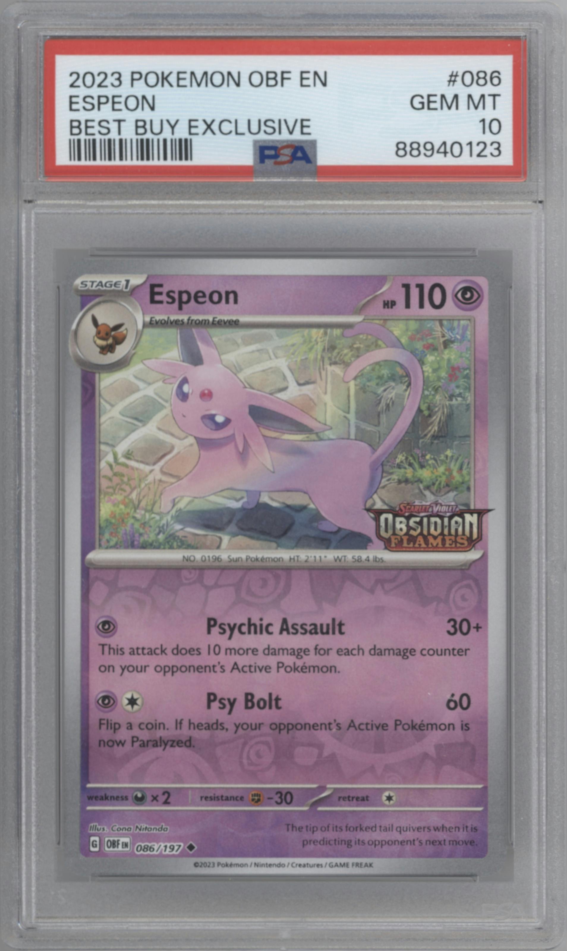 Espeon from the 2023 Pokemon SV set featuring a Best Buy Exclusive parallel graded by PSA and given an overall grade of 10.