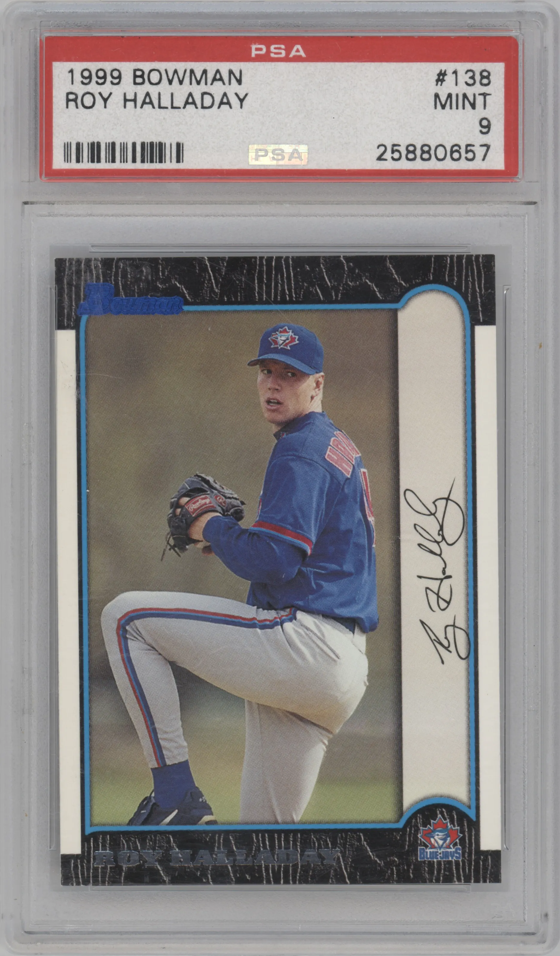 Roy Halladay from the 1999 Bowman set graded by PSA and given an overall grade of 9.