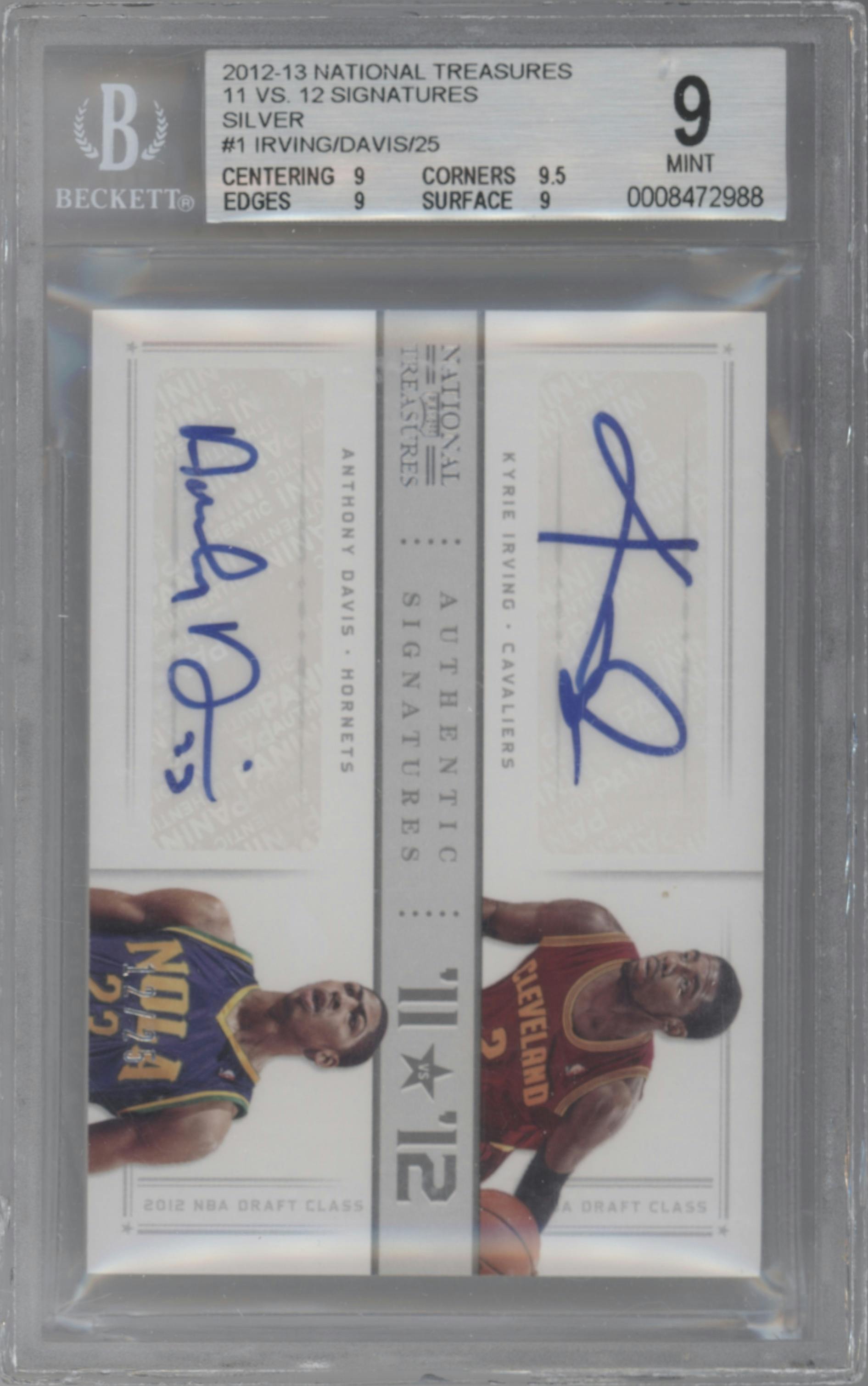 Kyrie Irving/Anthony Davis from the 2012-13 Panini National Treasures set featuring a Silver parallel graded by Beckett and given an overall grade of 9.