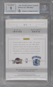 Kyrie Irving/Anthony Davis from the 2012-13 Panini National Treasures set featuring a Silver parallel graded by Beckett and given an overall grade of 9.