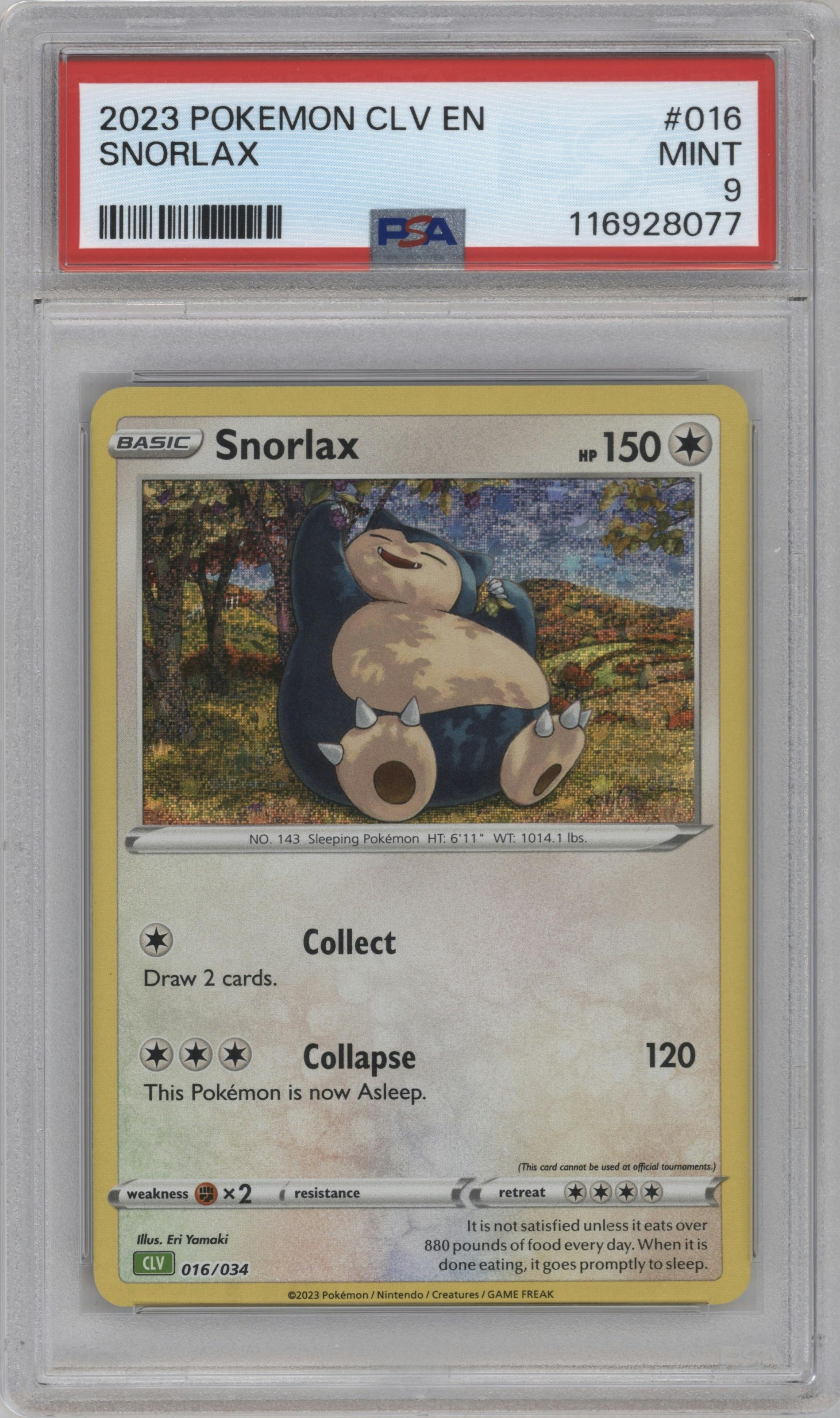 Snorlax from the 2023 Pokemon CLV set graded by PSA and given an overall grade of 9.
