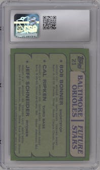 Bob Bonner/Cal Ripken/Jeff Schneider  from the 1982 Topps set graded by CSG and given an overall grade of 8.