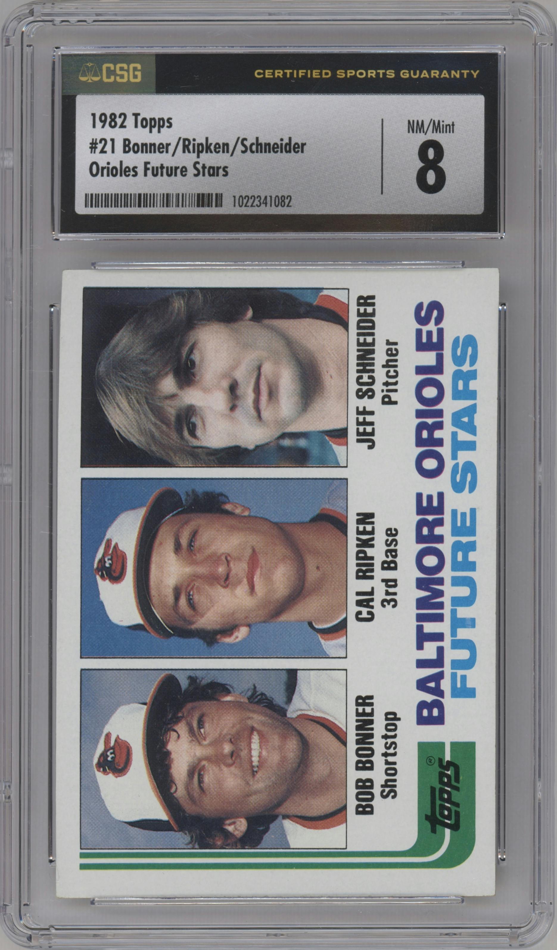 Bob Bonner/Cal Ripken/Jeff Schneider  from the 1982 Topps set graded by CSG and given an overall grade of 8.
