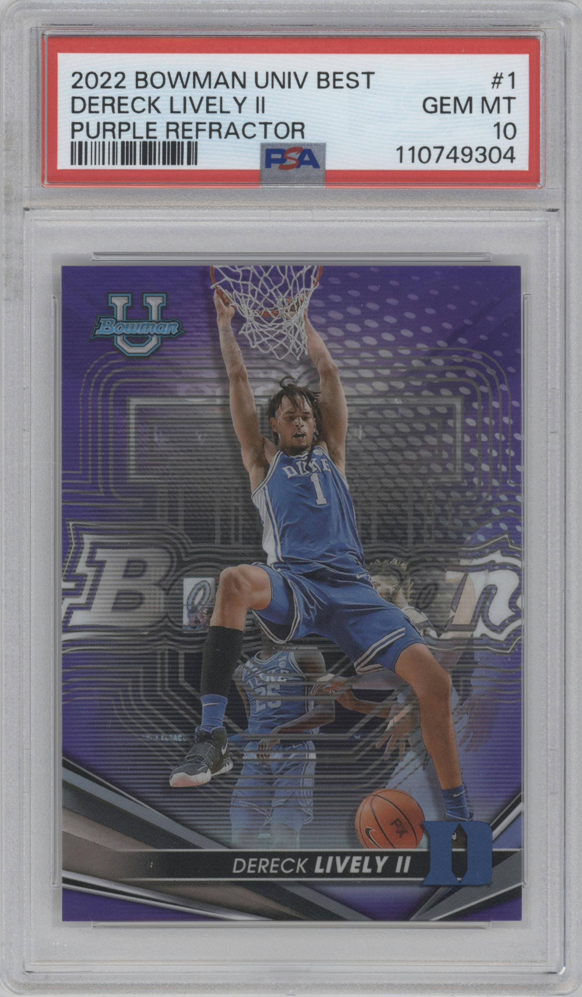 Dereck Lively II from the 2022-23 Bowman University Best set featuring a Purple Refractor parallel graded by PSA and given an overall grade of 10.
