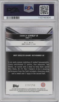 Dereck Lively II from the 2022-23 Bowman University Best set featuring a Purple Refractor parallel graded by PSA and given an overall grade of 10.