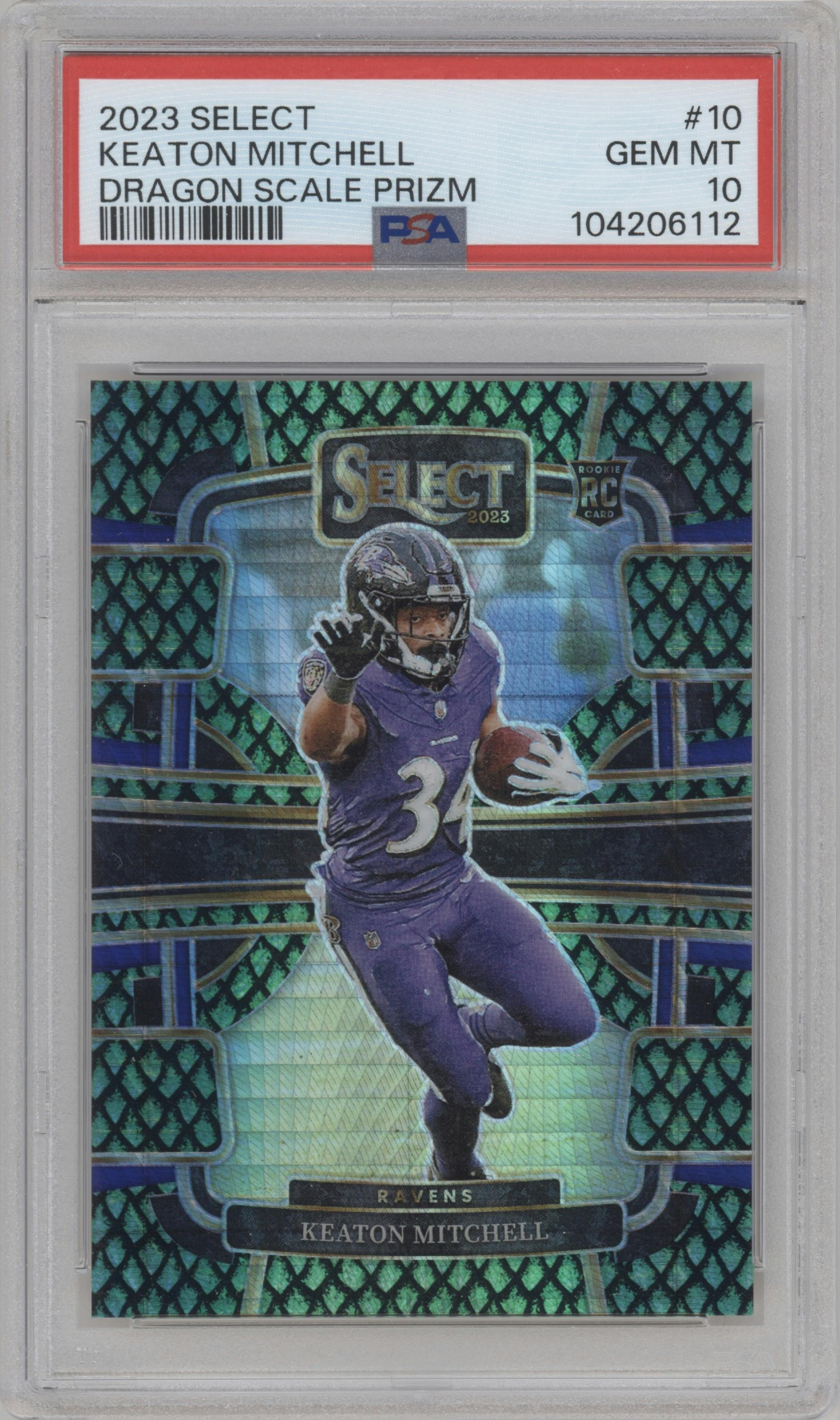 Keaton Mitchell from the 2023 Panini Select set featuring a Dragon Scale parallel graded by PSA and given an overall grade of 10.