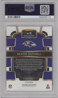 Keaton Mitchell from the 2023 Panini Select set featuring a Dragon Scale parallel graded by PSA and given an overall grade of 10.