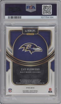 Zay Flowers from the 2023 Panini Select set featuring a Red Wave Prizm parallel graded by PSA and given an overall grade of 10.