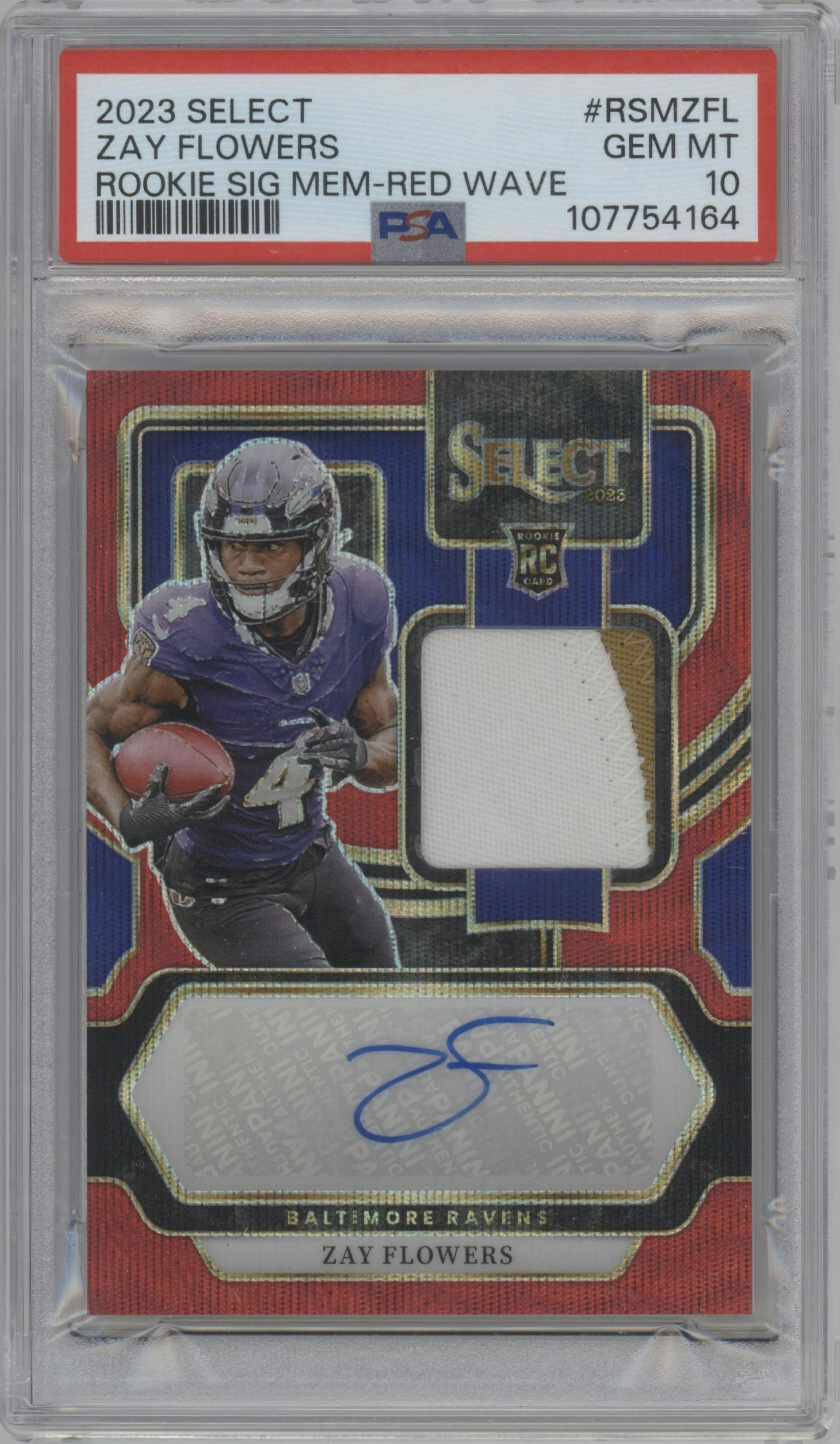 Zay Flowers from the 2023 Panini Select set featuring a Red Wave Prizm parallel graded by PSA and given an overall grade of 10.