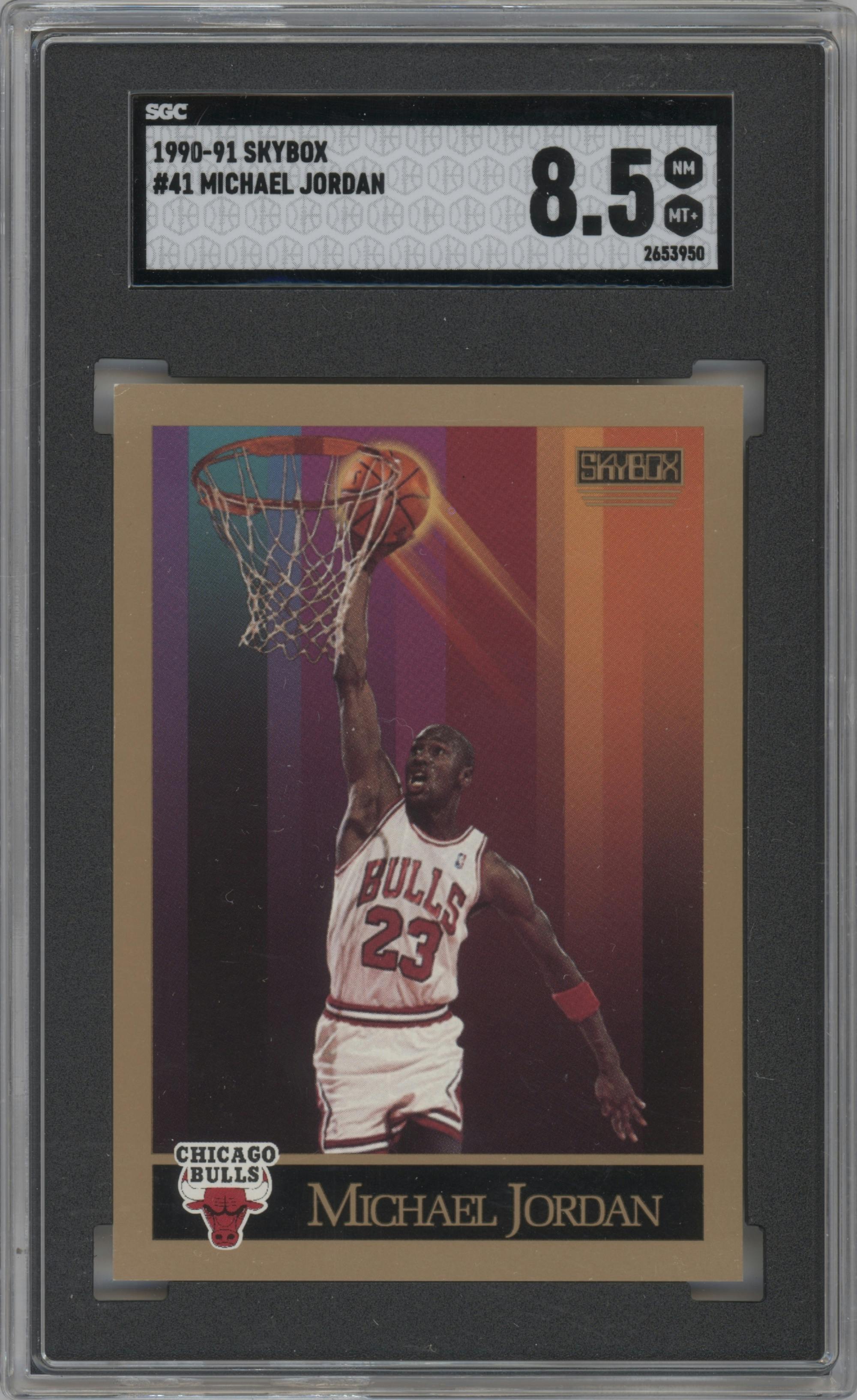 Michael Jordan  from the 1990-91 SkyBox  set graded by SGC and given an overall grade of 8.5.