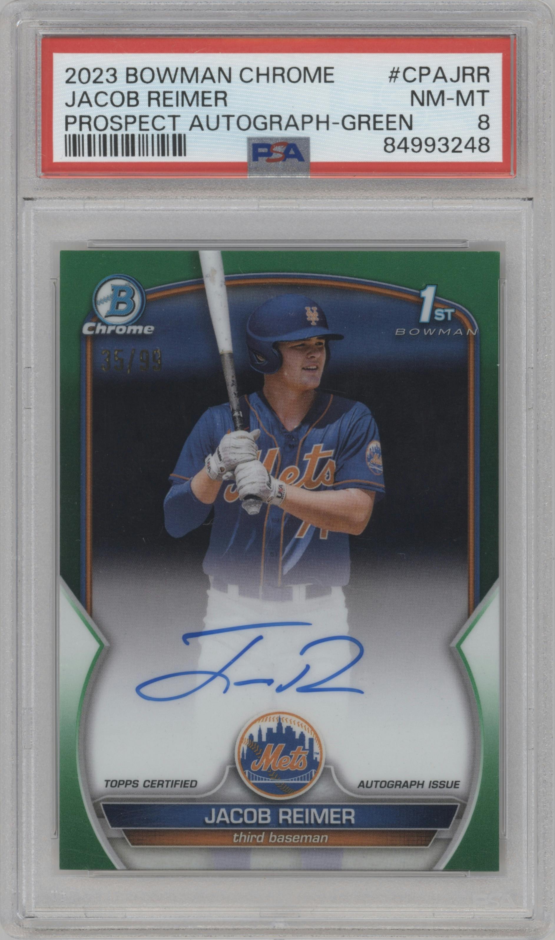 Jacob Reimer from the 2023 Bowman Chrome set featuring a Green Refractor parallel graded by PSA and given an overall grade of 8.