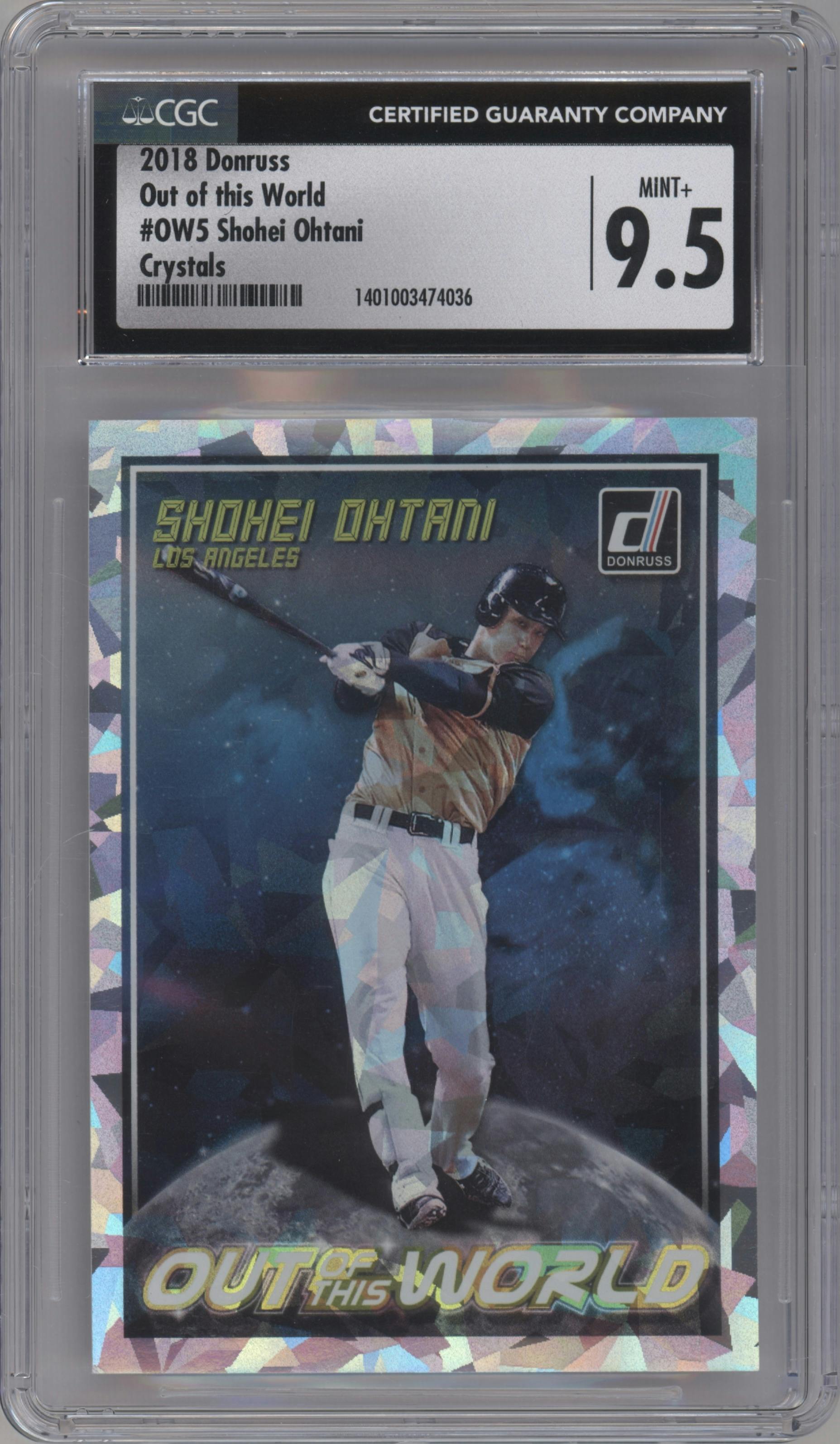 Shohei Ohtani from the 2018 Panini Donruss set featuring a Crystals parallel graded by CSG and given an overall grade of 9.5.