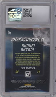 Shohei Ohtani from the 2018 Panini Donruss set featuring a Crystals parallel graded by CSG and given an overall grade of 9.5.