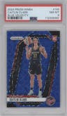 Caitlin Clark from the 2024 Panini Prizm WNBA set featuring a Blue Velocity parallel graded by PSA and given an overall grade of 8.